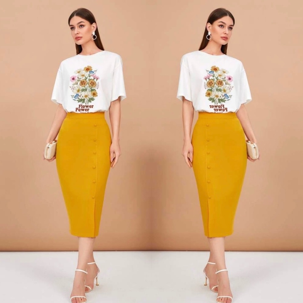 SHEIN Floral & Letter Graphic Tee & Button Front Skirt Set